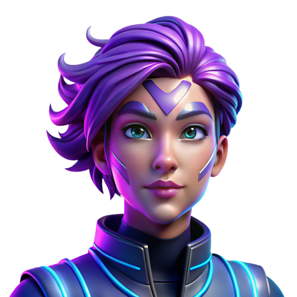 pristine harmonious impressionist Portrait of a non binary person with vibrant purple and blue hair, adorned with intricate face paint, lit by neon lights, cyberpunk style refined png