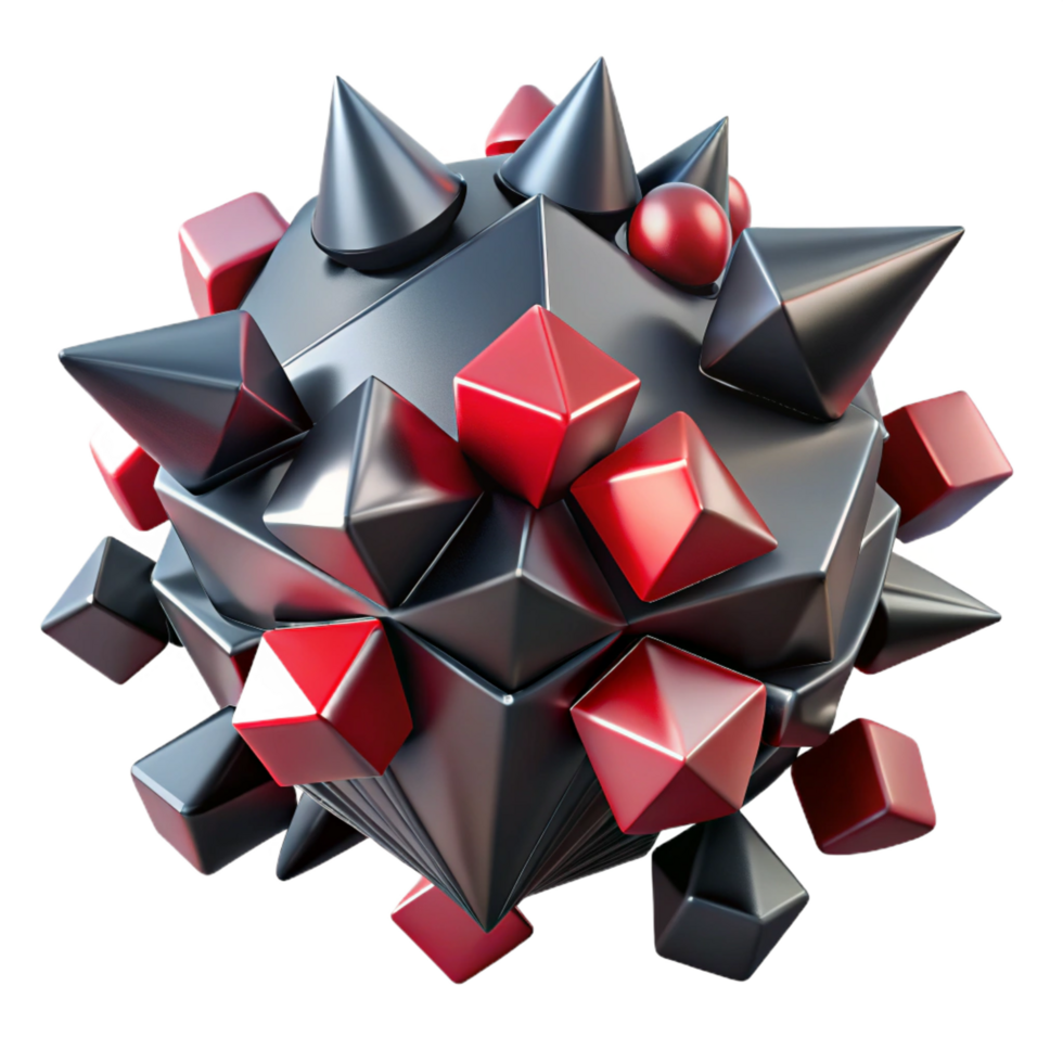 passionate dazzling A chaotic explosion of geometric shapes in matte black, crimson, and silver, lit by a single, harsh spotlight from above. Cubist style detailed png