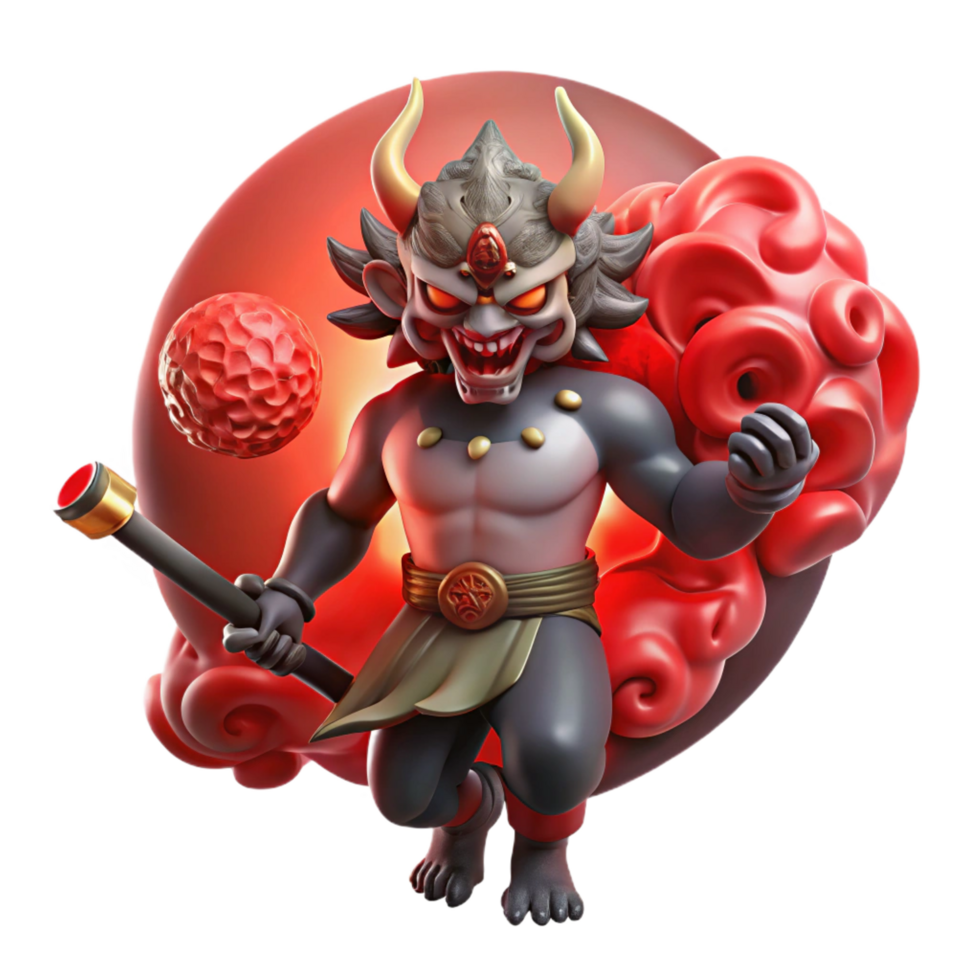 magnificent contemporary A powerful oni wielding a kanabo club, surrounded by swirling dark energy, under a blood red moon. Japanese mythology style museum quality png