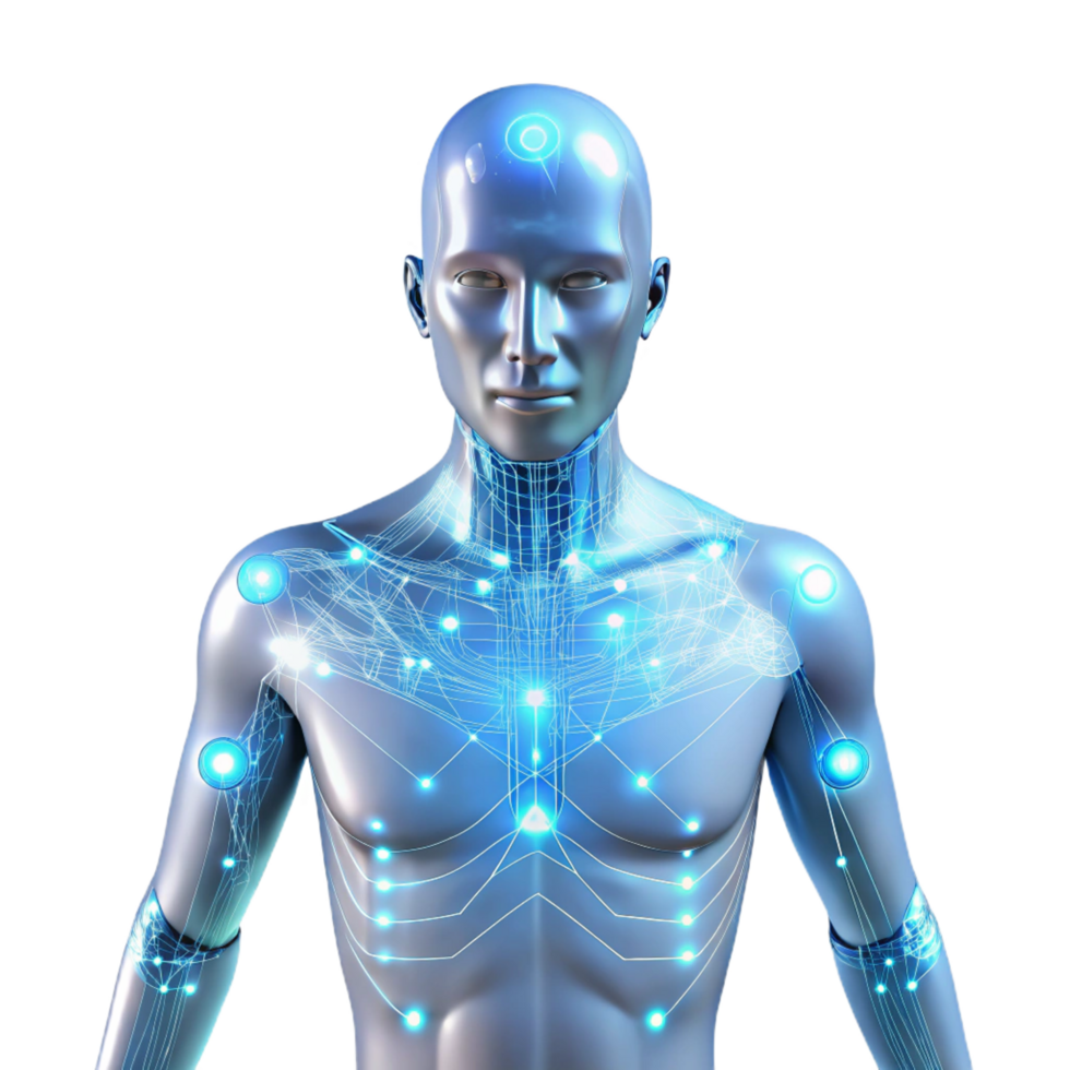 glorious creative A transparent human figure with glowing circuitry visible beneath the skin, surrounded by data streams, illuminated by a soft white light, in a cyberpunk style authentic png