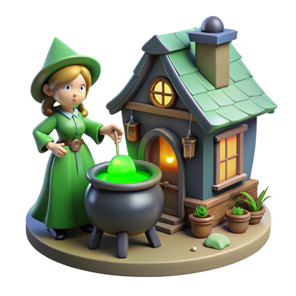 fascinating retro A powerful witch brewing a potion in her cottage, green glowing potion light, in a whimsical fairytale style impeccable png