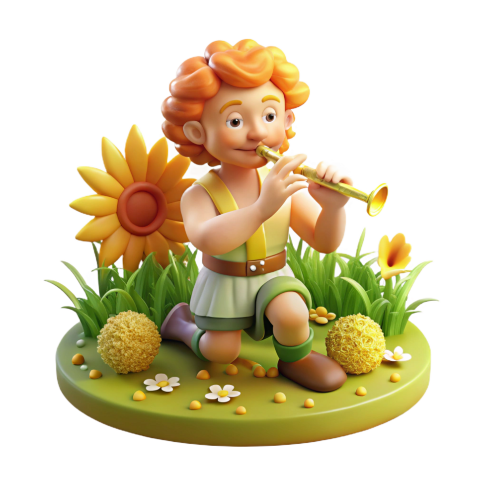 beautiful inspired A mischievous Pan playing his pipes in a sun drenched meadow, surrounded by nymphs, Renaissance style, warm, golden lighting png