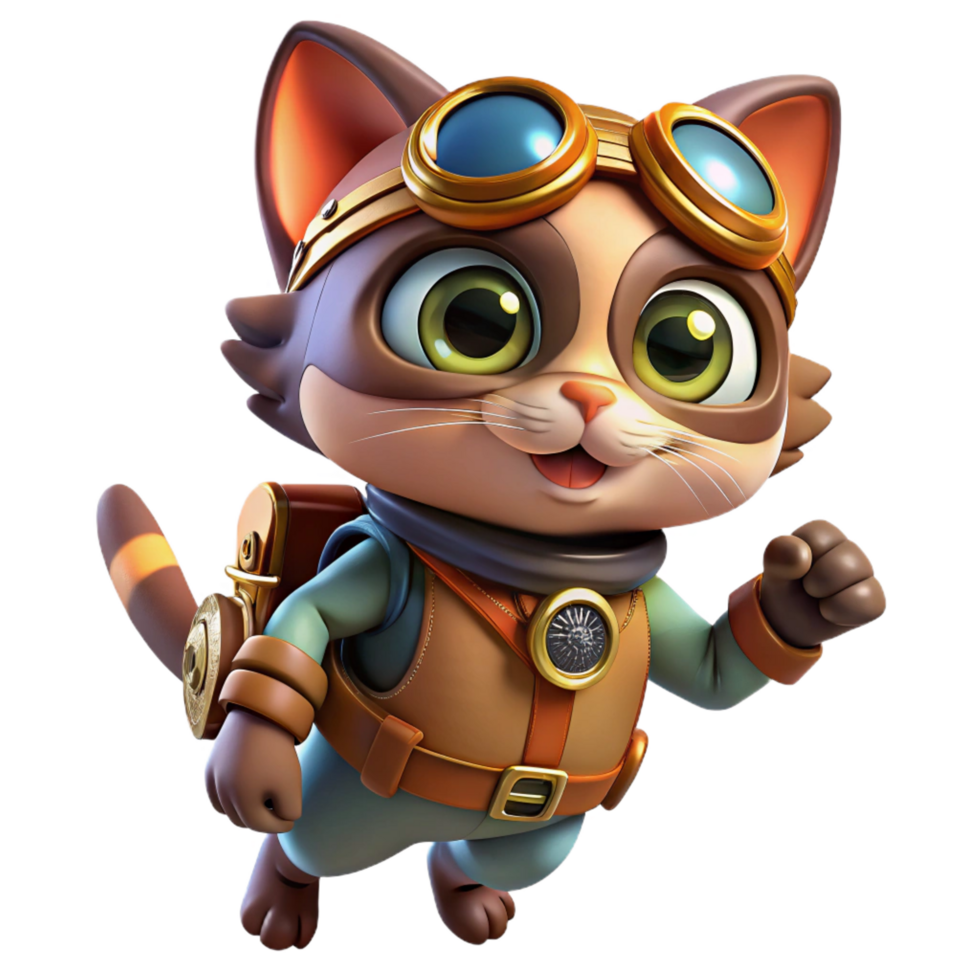 rare futuristic A steampunk cat wearing goggles and a tiny jetpack, playful pose, bright, cheerful lighting authentic png