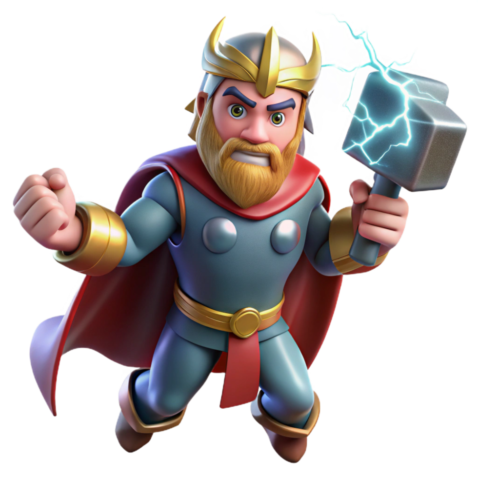 dazzling dramatic contemporary Thor, the Norse god of thunder, wielding Mjolnir, lightning crackling around him, against a backdrop of a stormy sky. Comic book style handcrafted png