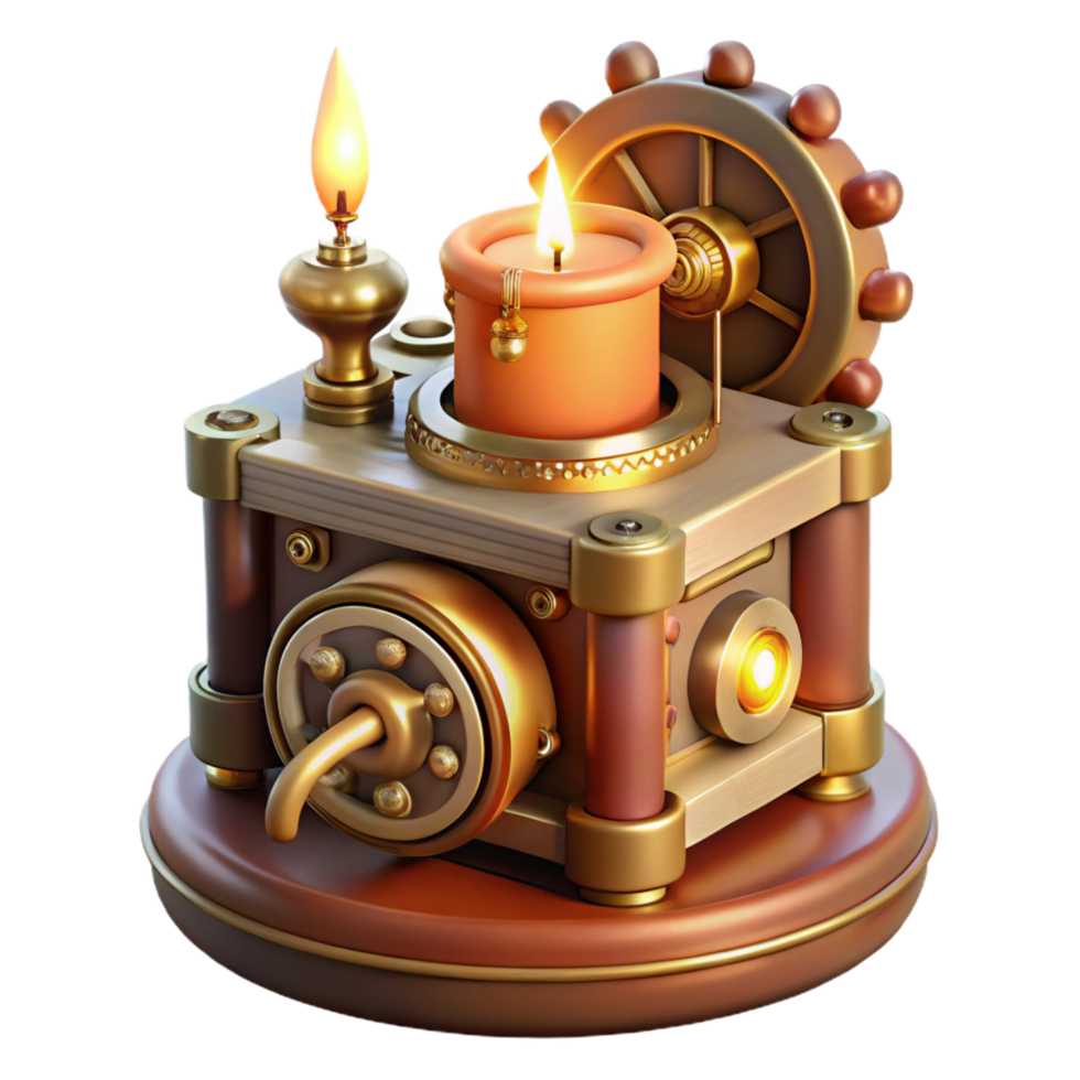 sumptuous harmonious minimalist A steampunk music box, playing a melancholic melody, gears and springs visible, lit by a flickering candle. Warm, intimate lighting, romantic style gallery standard png
