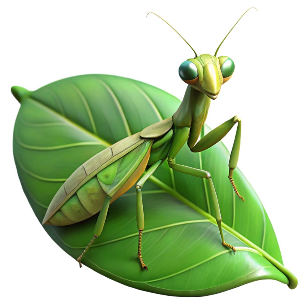 nostalgic pristine A camouflaged praying mantis on a leaf, natural jungle lighting, depicted in a macro photography style 8K png