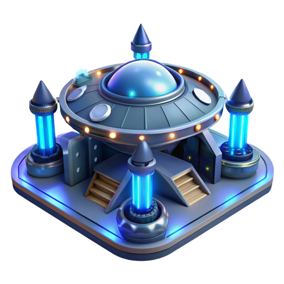 calm captivating A spaceship landing pad with futuristic architecture and glowing lights, nighttime with stars visible, science fiction style high resolution png