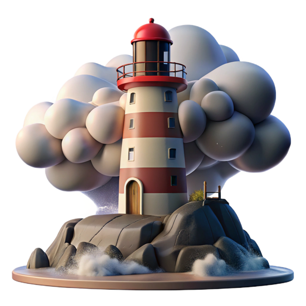dazzling industrial A towering lighthouse on a rocky coast, dramatic storm clouds and crashing waves, photorealistic style high resolution png