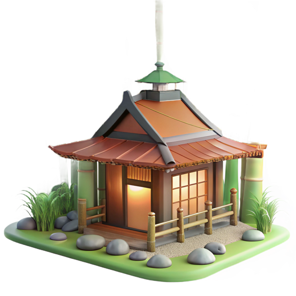 stunning romantic bohemian A Japanese tea house nestled in a bamboo forest, soft morning light, watercolor painting style professional png