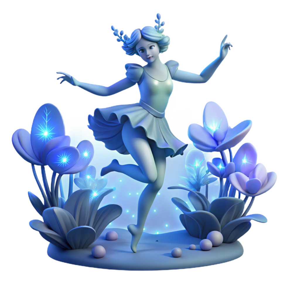 mesmerizing modern A celestial nymph dancing amongst bioluminescent flora in a twilight forest, soft blue light, Art Nouveau style 8K png