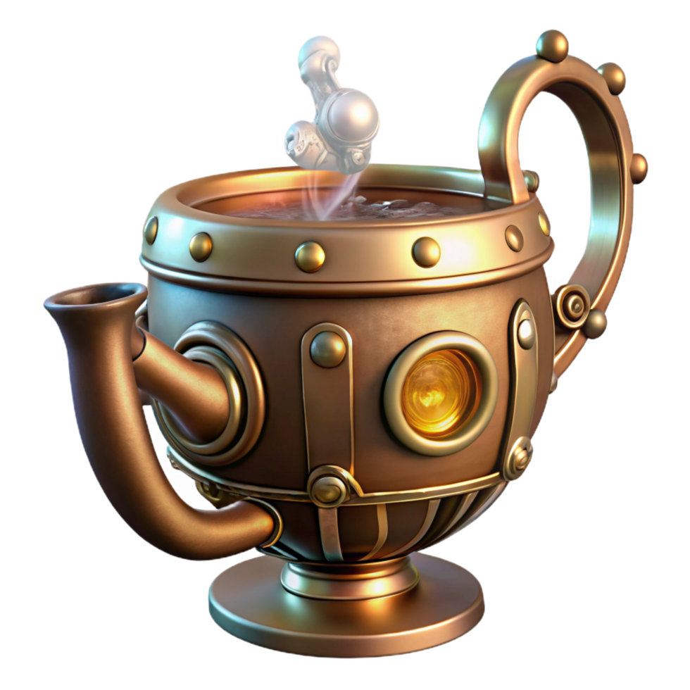 distinguished victorian A steampunk teacup, ornate brass and copper details, steam rising, soft window lighting high quality png