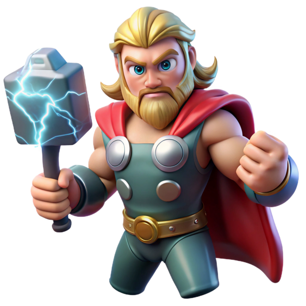 pristine classic Thor, the Norse god of thunder, wielding Mjolnir, lightning crackling around him, against a backdrop of a stormy sky. Comic book style exclusive png