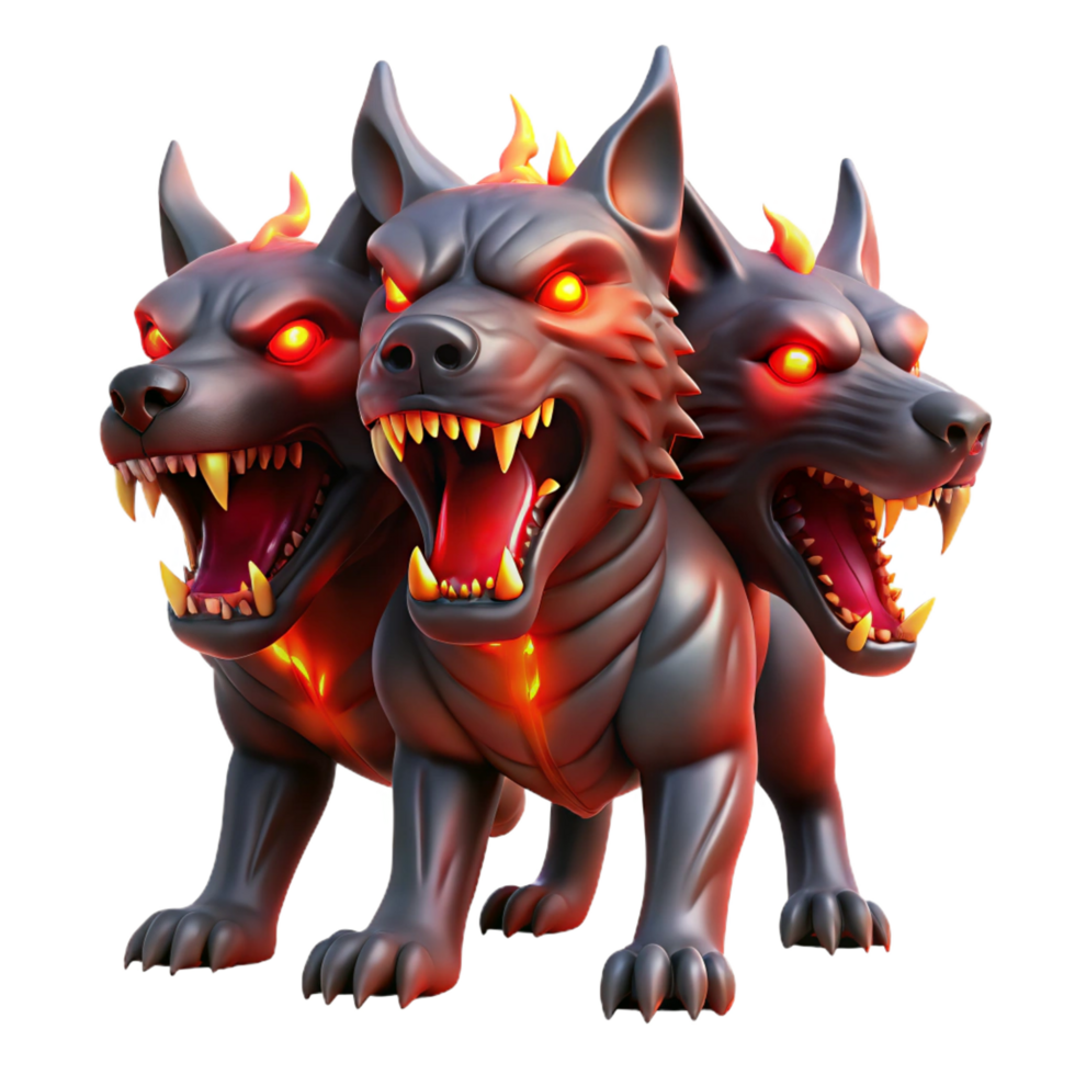 striking impressionist A fearsome Cerberus guarding the gates of the underworld, its three heads snarling, bathed in the red glow of hellfire. Gothic style masterfully captured png