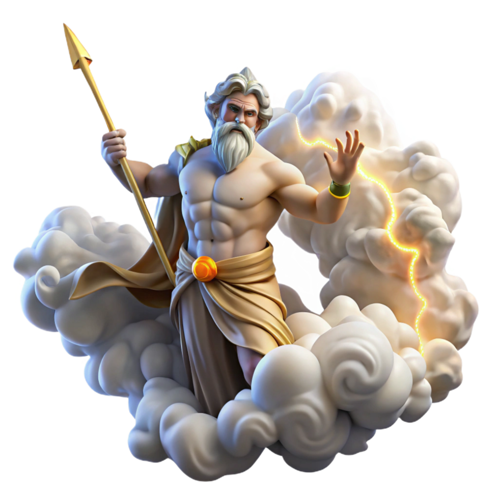 sumptuous mid century A proud Greek Zeus, hurling a lightning bolt from Mount Olympus, surrounded by swirling clouds, in a dramatic Baroque painting style 8K png