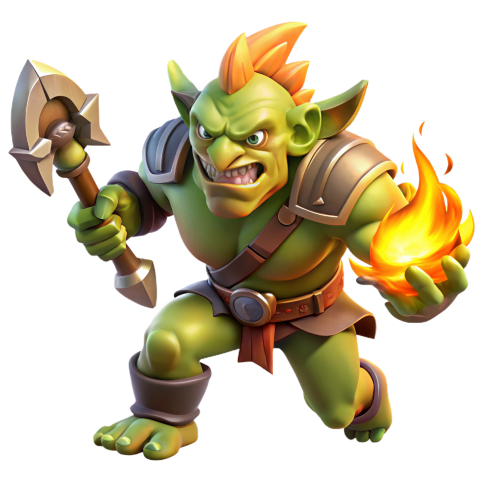 majestic nostalgic art deco A fierce orc warrior charging into battle, wielding a flaming axe, dynamic lighting, comic book style artisan png