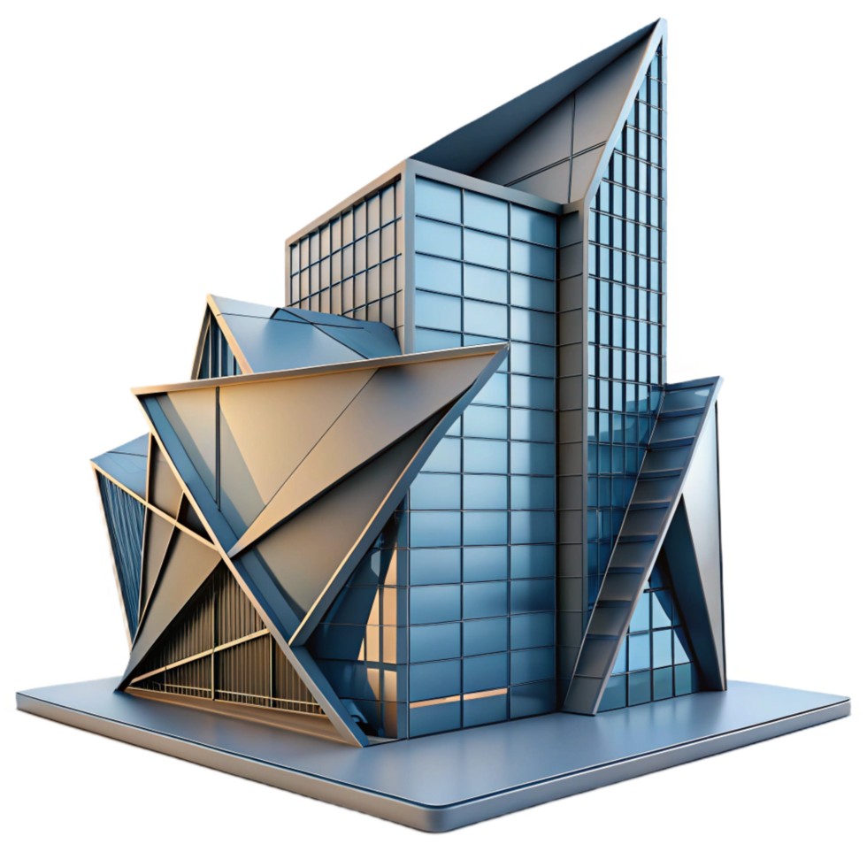 striking industrial A decontructivist office building, sharp angles, distorted forms, dramatic lighting, expertly shot png