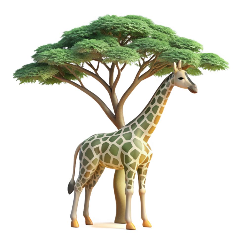 joyful hypnotic A graceful giraffe reaching for leaves on a tall acacia tree, dappled sunlight filtering through the branches, Art Deco style illustration impeccable png