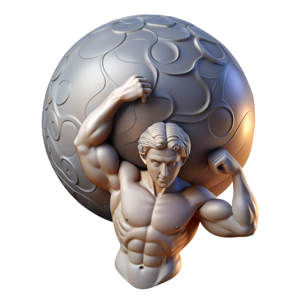 striking romantic abstract A stoic Atlas, burdened by the weight of the celestial sphere, muscles straining, lit from above. Classical sculpture style precision png