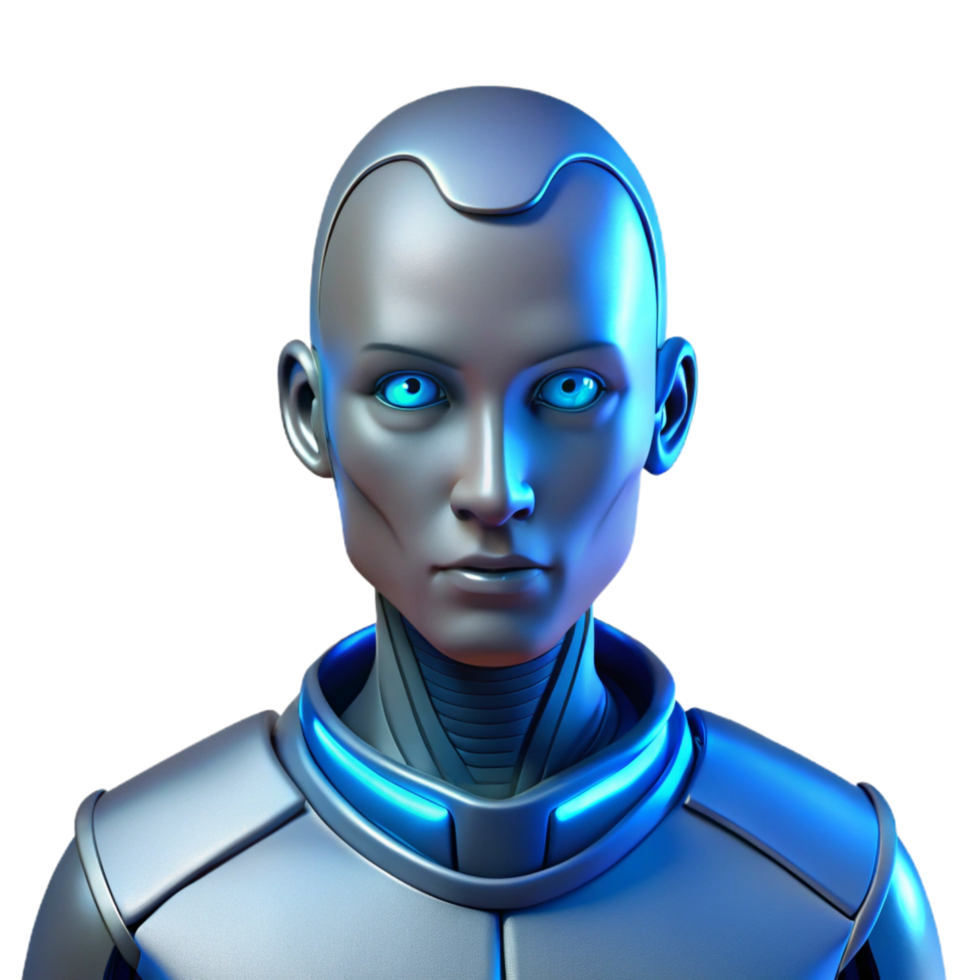 rare minimalist Portrait of a futuristic android with glowing circuitry visible beneath metallic skin, and a blank expression, lit by cool blue light, in a sci fi style authentic png