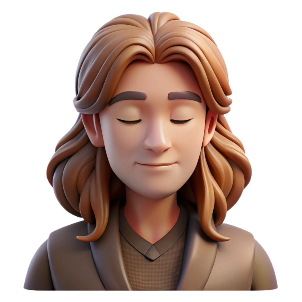 tranquil radiant Portrait of a melancholic musician with long, flowing brown hair, closed eyes, and a serene expression, lit by a single spotlight, in a dreamlike, ethereal style flawless png