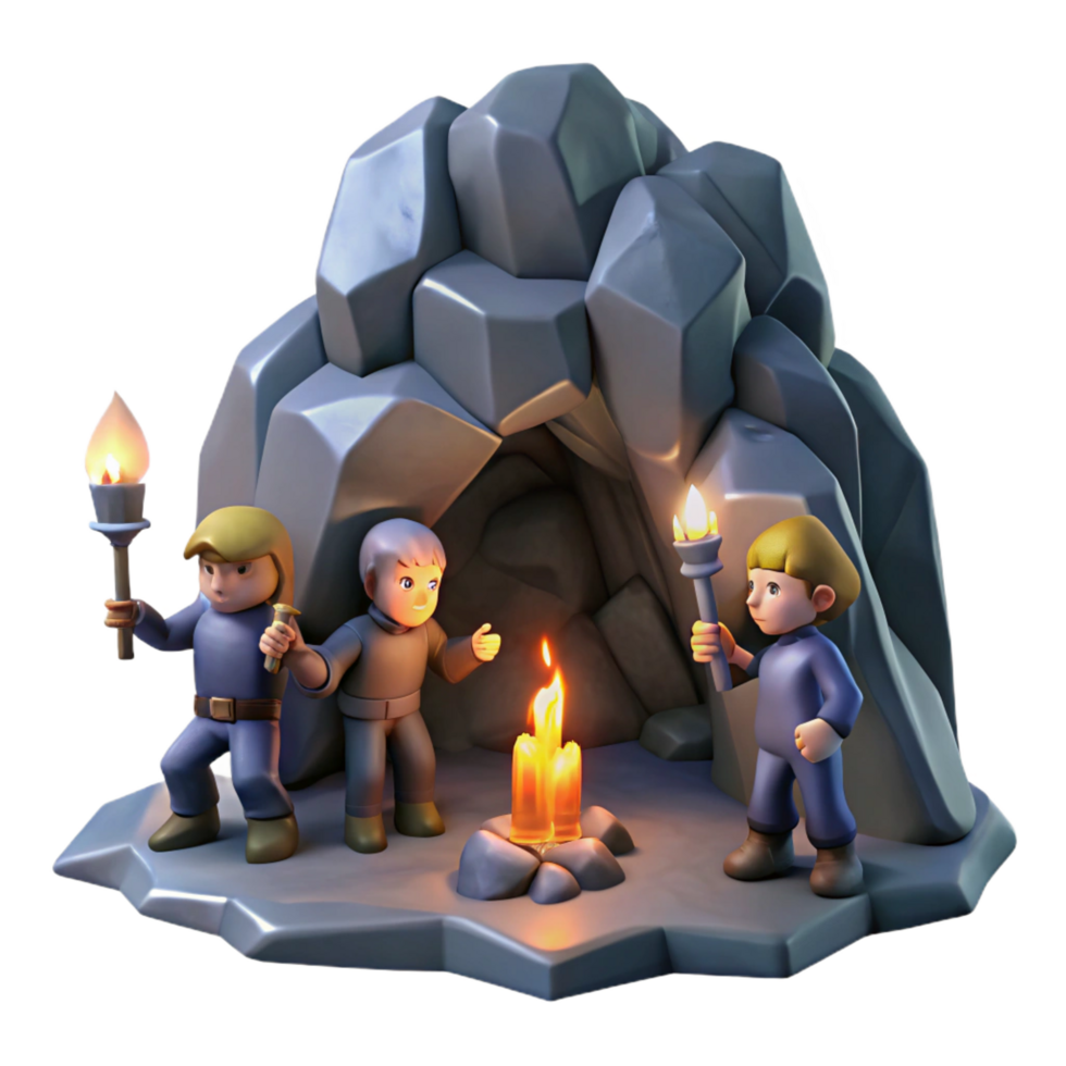 inspired tropical A group of adventurers exploring a dark and mysterious cave, flickering torchlight, adventurous and gritty style sharp png