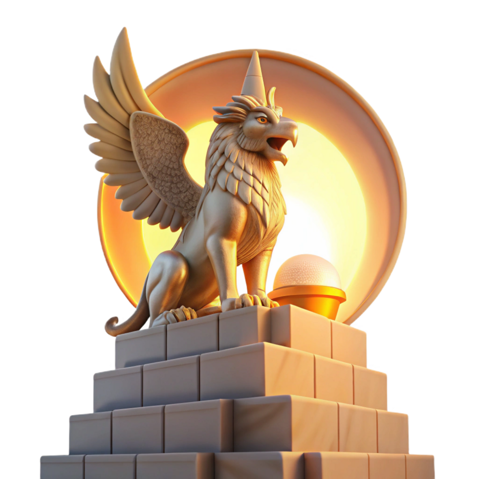 splendid celebrated A majestic griffin perched atop a crumbling ziggurat, bathed in the golden light of a setting sun, Art Deco style png