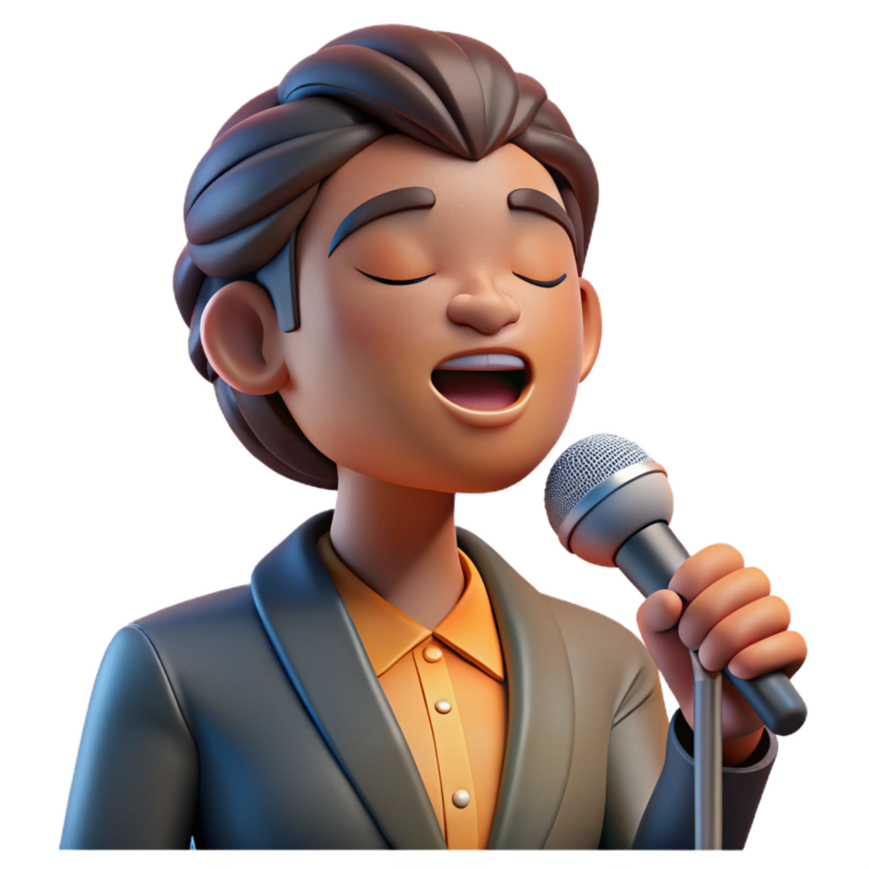 elegant notable Portrait of a soulful singer with a microphone, closed eyes, and a passionate expression, lit by a single spotlight, in a concert photography style png