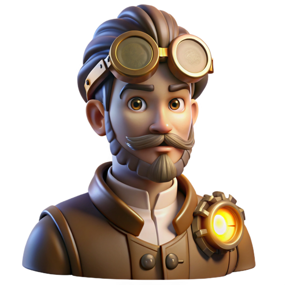 breathtaking harmonious futuristic Portrait of a steampunk inventor with goggles and intricate gears, illuminated by the warm glow of a workshop lamp, in a steampunk style professional png