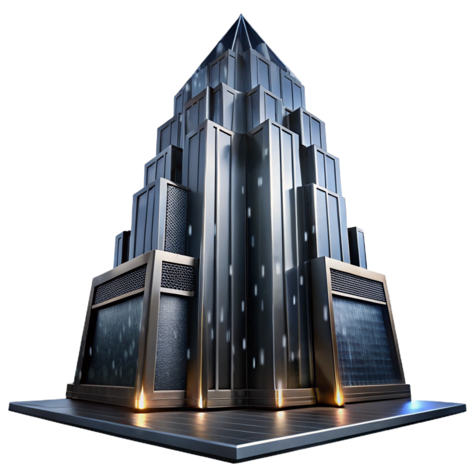 serene calm industrial Art Deco skyscraper, chrome and black glass, sharp angles, volumetric lighting, rainy night, highly detailed, cinematic, 8K png