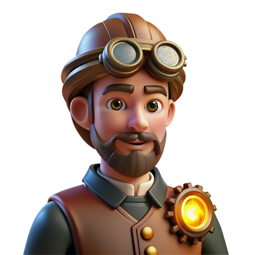 radiant mysterious bohemian Portrait of a steampunk inventor with goggles and gears adorning their clothing, lit by the warm glow of a steam powered lamp, steampunk art style crisp png