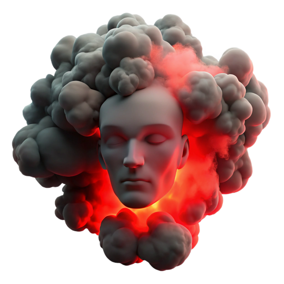 mysterious impressive A dense cloud of smoke swirling in the shape of a human face, backlit by a dramatic red light, chiaroscuro style refined png