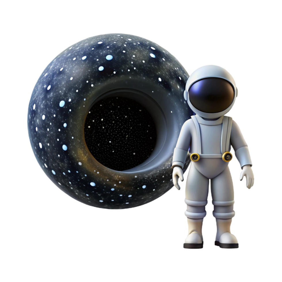 serene unforgettable A lone astronaut gazing at a colossal black hole, stars swirling around it, depicted in a photorealistic style with cosmic dust particles png