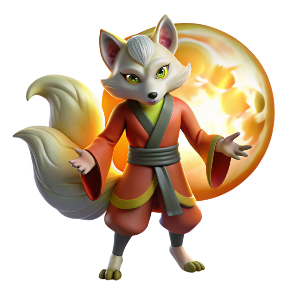 dazzling nostalgic artistic A cunning Kitsune transforming from a fox into a human under the light of a full moon, anime style authentic png