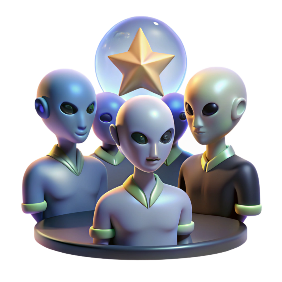 extraordinary memorable A group of diverse alien diplomats, gathered around a holographic projection of a dying star, their faces illuminated by its fading light. Somber lighting, painterly style png