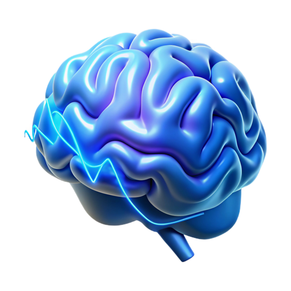 mesmerizing baroque A holographic projection of a human brain, pulsating with electrical activity, rendered in a cool, clinical blue, medical illustration style elite png
