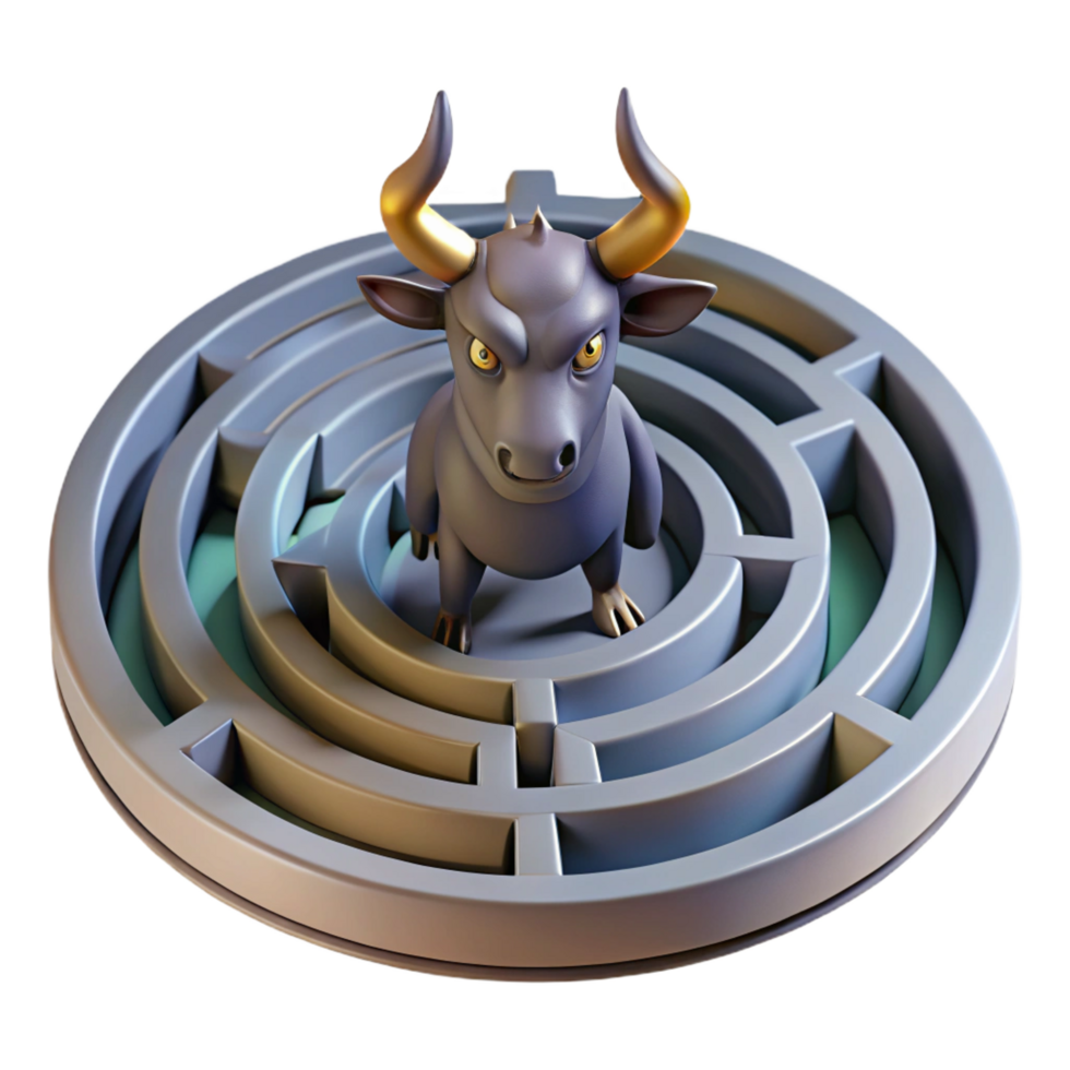 bold stunning The Minotaur trapped within the labyrinth, shadows stretching, dark fantasy style, dimly lit, claustrophobic, high quality png