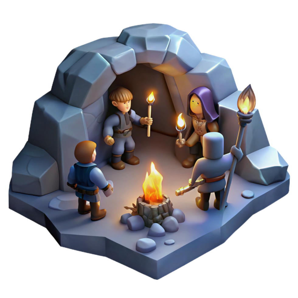 alluring industrial A group of adventurers exploring a dark, underground cavern, torchlight, dungeon crawler style masterfully captured png