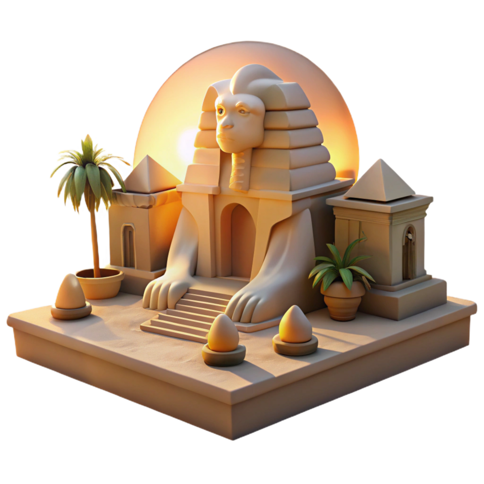romantic immaculate A mysterious sphinx guarding a hidden temple, desert sunset lighting, Art Deco style sharp png