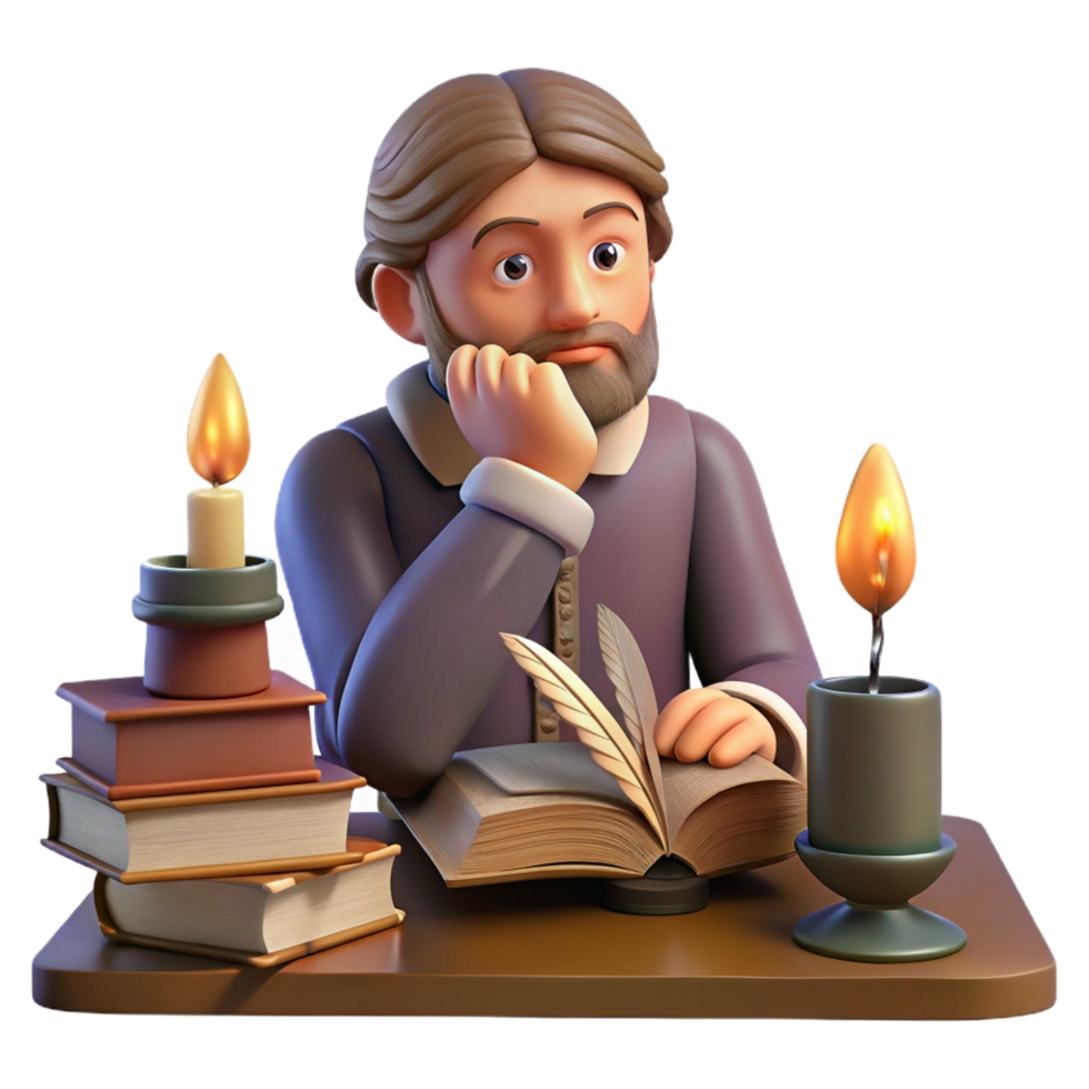 radiant art deco Portrait of a thoughtful writer with a quill in hand and a contemplative expression, surrounded by books, lit by the warm glow of a candle, vintage illustration style flawless png