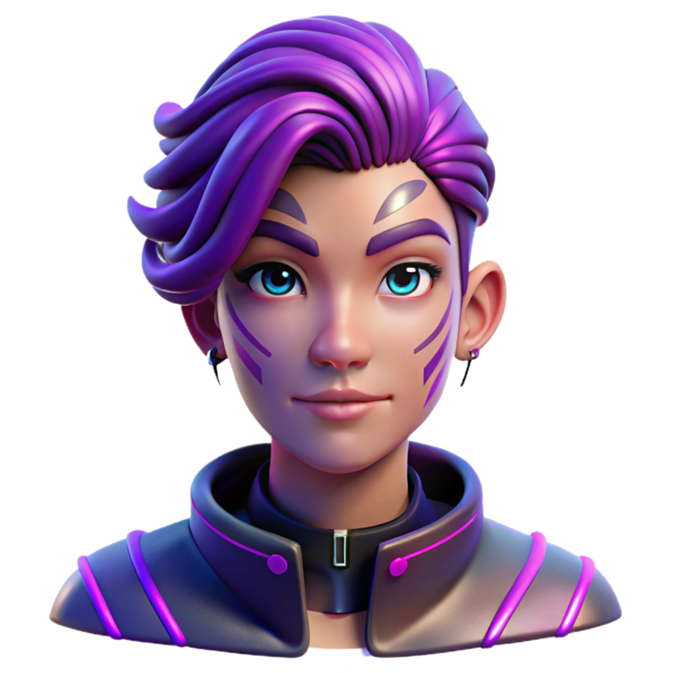 captivating art deco Portrait of a non binary person with vibrant purple hair and intricate facial tattoos, lit by a neon pink glow, in a cyberpunk style impeccable png
