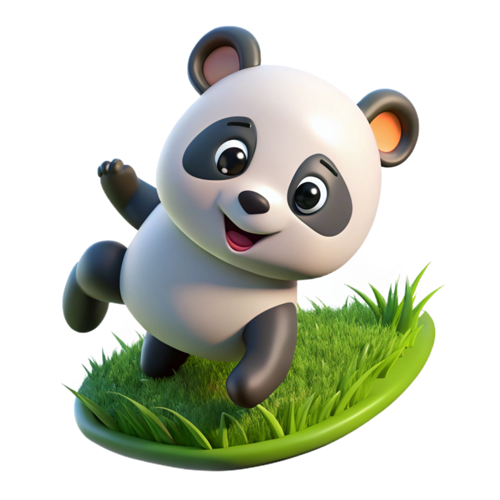 harmonious pristine A playful panda cub tumbling down a grassy slope, bright daylight, cartoon style handcrafted png