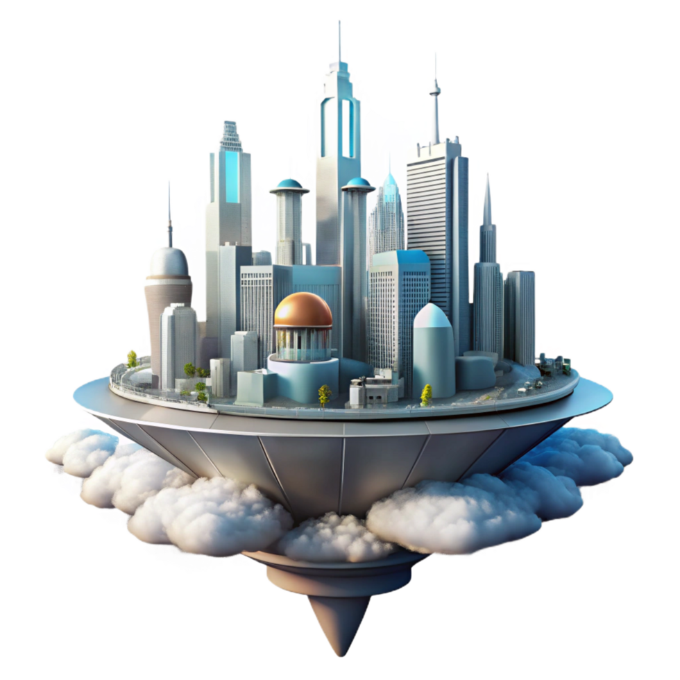 dreamy dramatic A futuristic city floating in the clouds, skyscrapers piercing the sky, utopian style crisp png