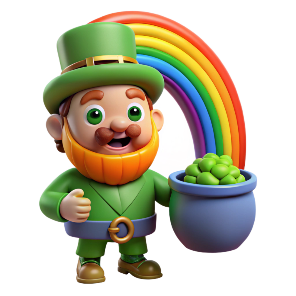 gorgeous rustic A mischievous leprechaun guarding a pot of gold at the end of a rainbow, vibrant colours, cartoon style elite png