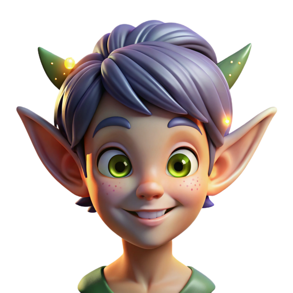 iconic organic Portrait of a mischievous pixie with pointed ears and iridescent wings, a playful grin on their face, lit by fireflies expertly shot png