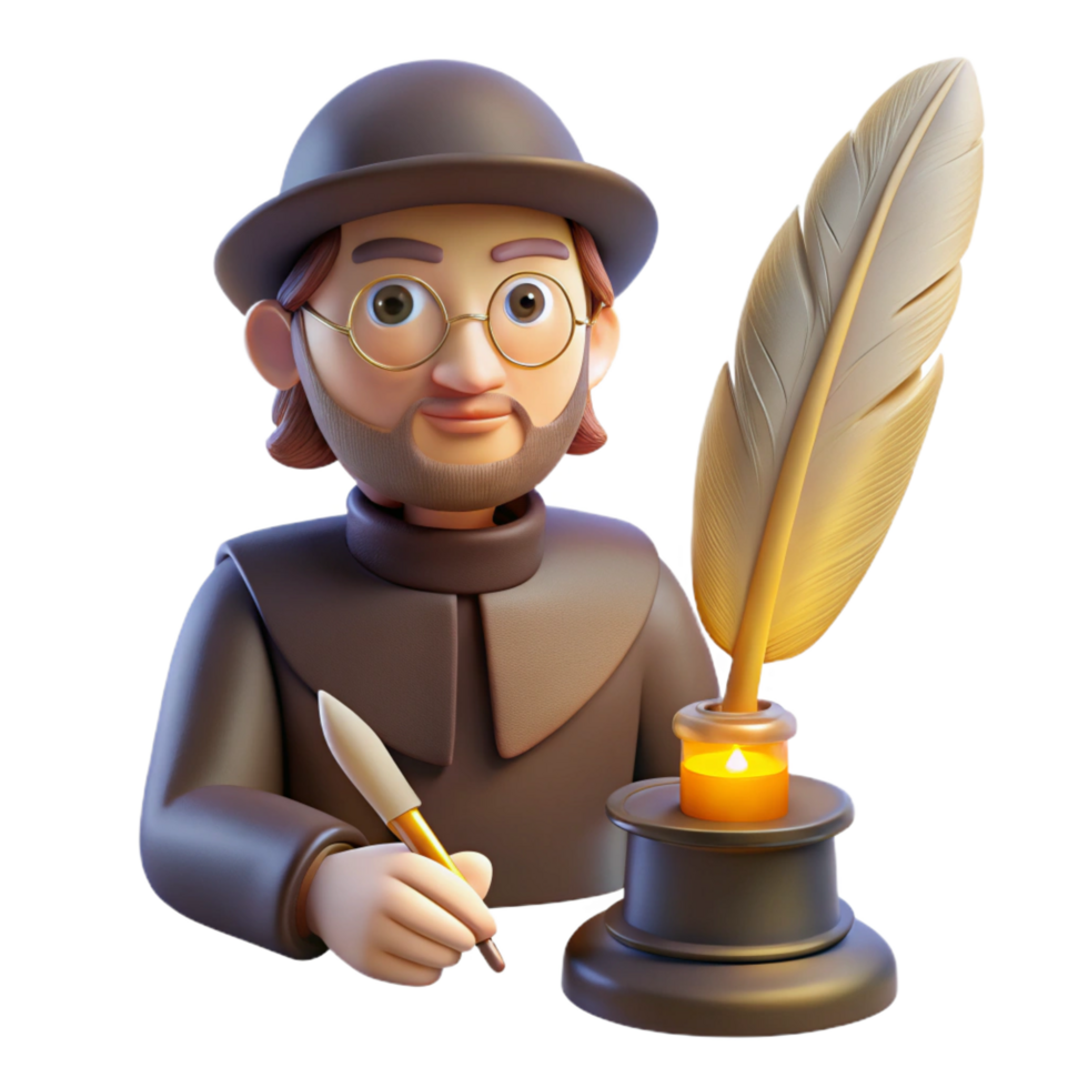 exquisite iconic Portrait of a thoughtful writer with a quill, warm lamplight, vintage style png
