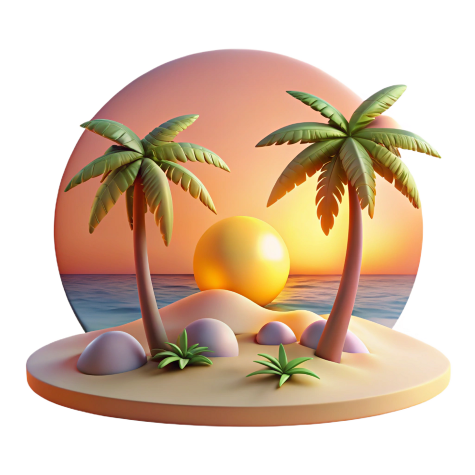 striking melancholic baroque A tropical beach at sunset, palm trees swaying in the breeze, cinematic style artisan png