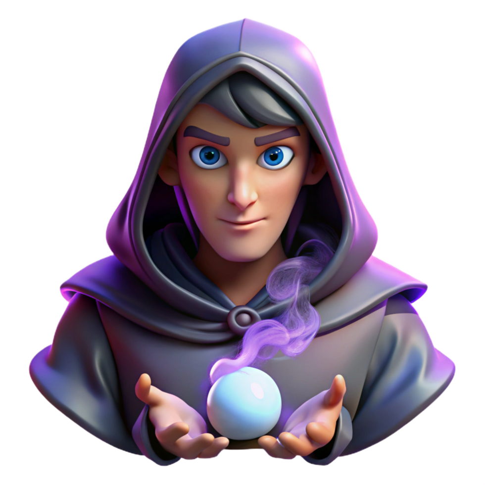 memorable modern Portrait of a mysterious fortune teller with a hooded cloak, piercing eyes, and a cryptic expression, lit by candlelight and swirling smoke, in a mystical style detailed png
