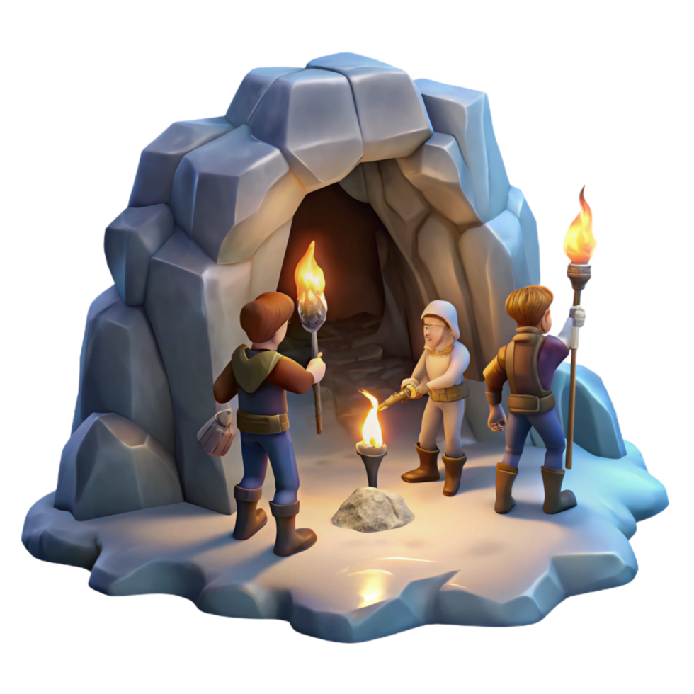 quintessential vintage A group of adventurers exploring a hidden cave, torchlight, mysterious and adventurous, digital painting professional png
