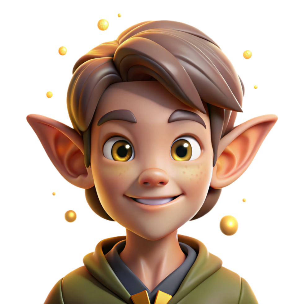 mesmerizing retro Portrait of a mischievous elf with pointed ears and a playful smirk, surrounded by glowing fireflies. Enchanted forest lighting. Fantasy art style perfect clarity png