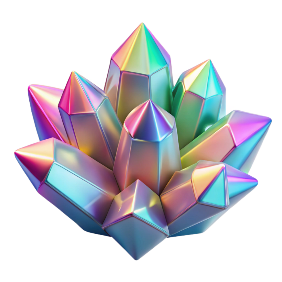 joyful vibrant A cluster of crystalline structures, refracting light in a spectrum of colors, with a sharp, geometric aesthetic professional png